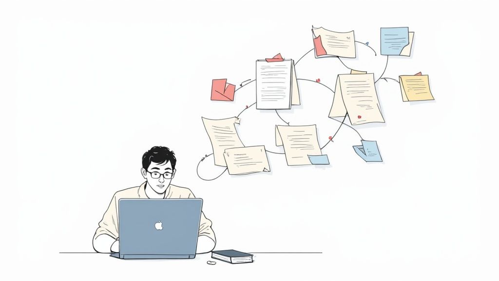 眼鏡をかけた男性がノートパソコンに向かい、その上には文書やアイデアのマインドマップが浮かんでいる様子。
