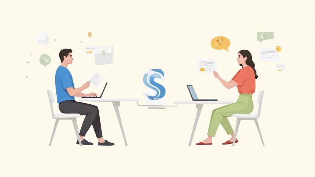 一男一女围绕“S”标志,手持笔记本和文件进行数字化协作的插图。