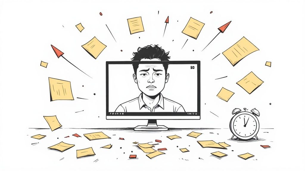 飛び交うメモと目覚まし時計に圧倒されている男性のイラスト。