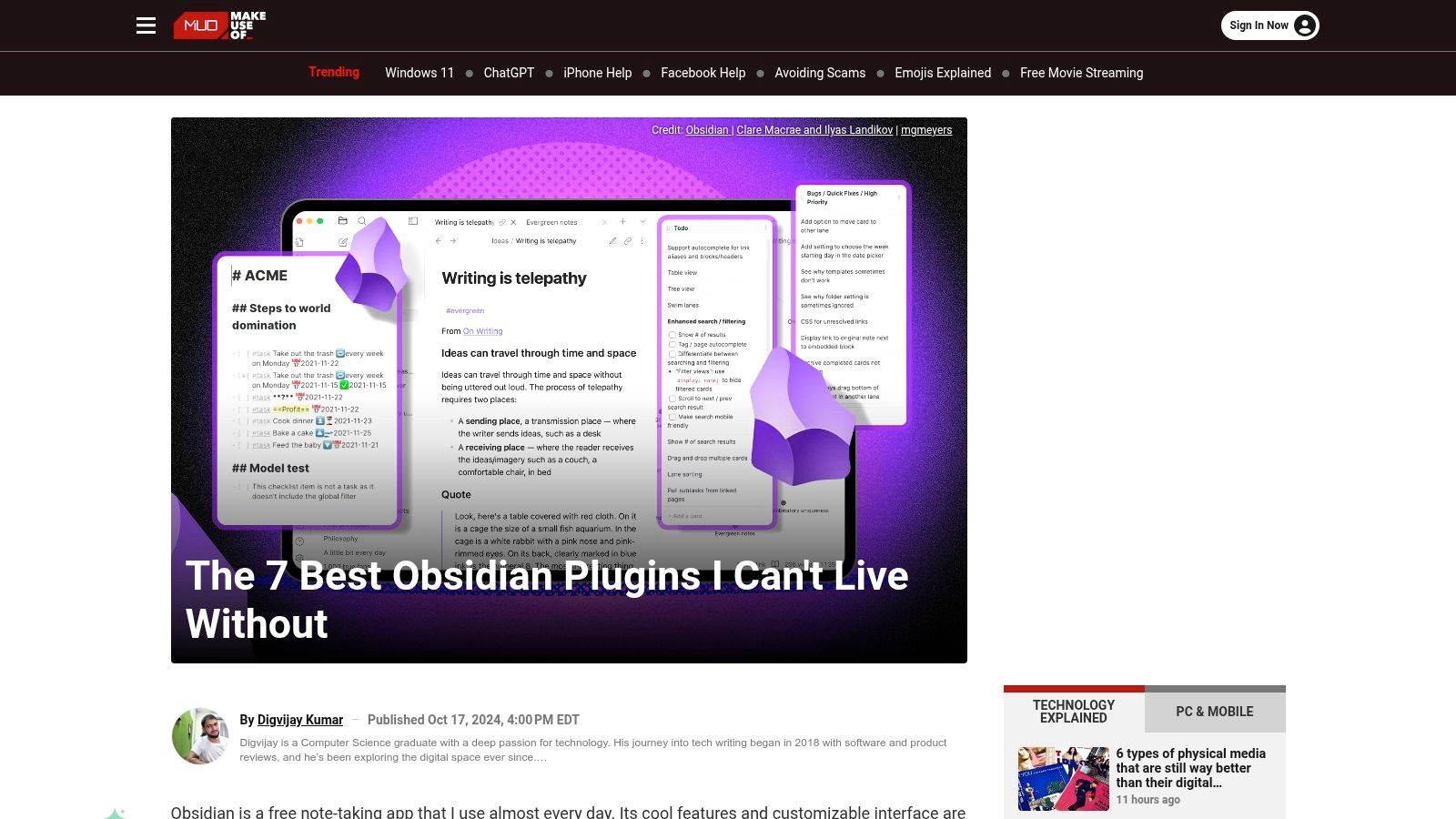 MakeUseOf – “最佳 Obsidian 插件”综述