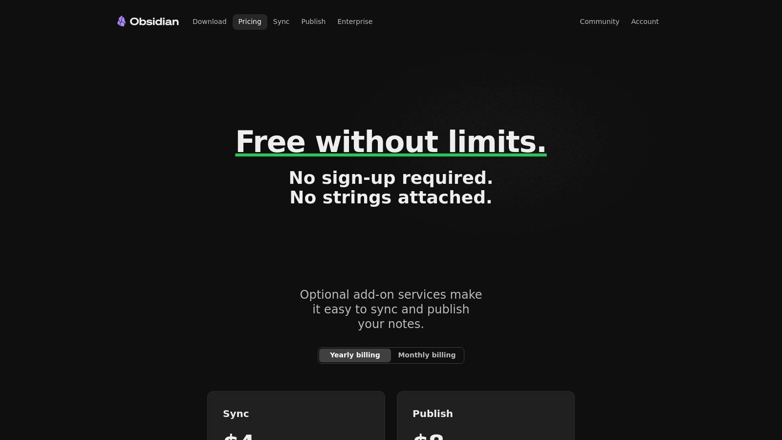 Obsidian料金ページのスクリーンショット。無料のパーソナルプランやSync、Publishといった有料アドオンが表示されている。
