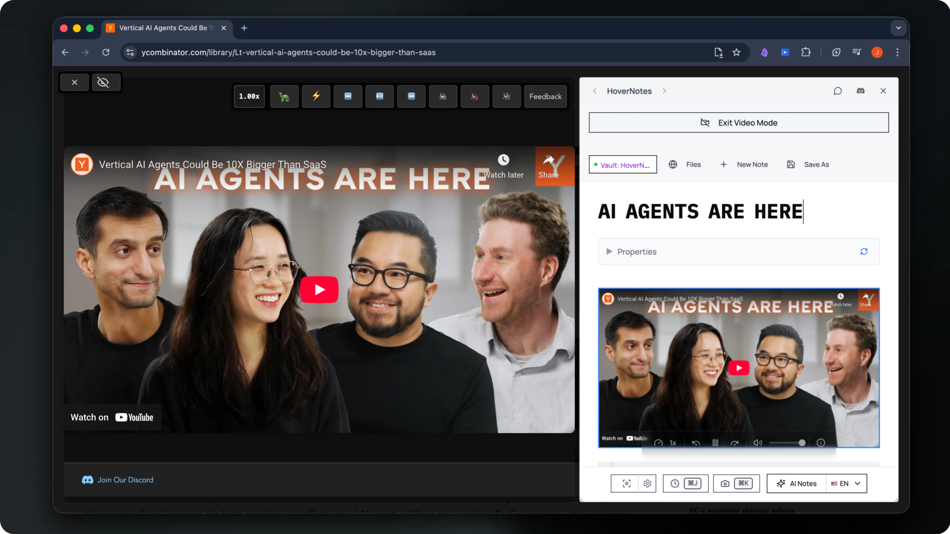 HoverNotes side panel taking AI notes beside a YouTube video, with a timestamped screenshot saved to an Obsidian vault
